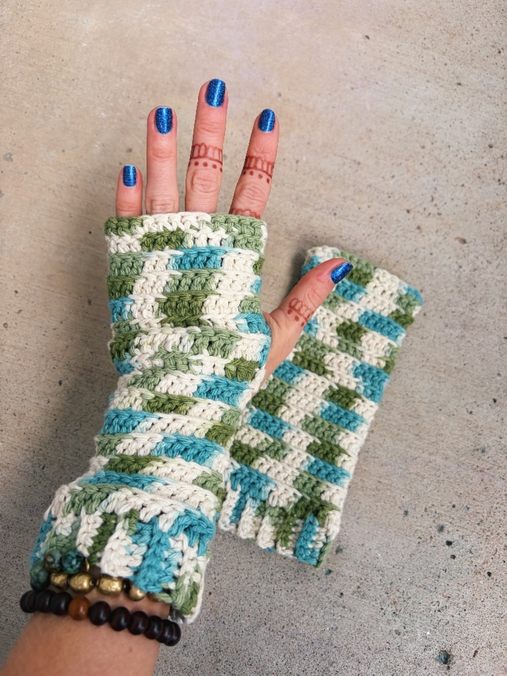 Handmade Crochet Cotton Fingerless Gloves in White, Green, and Teal